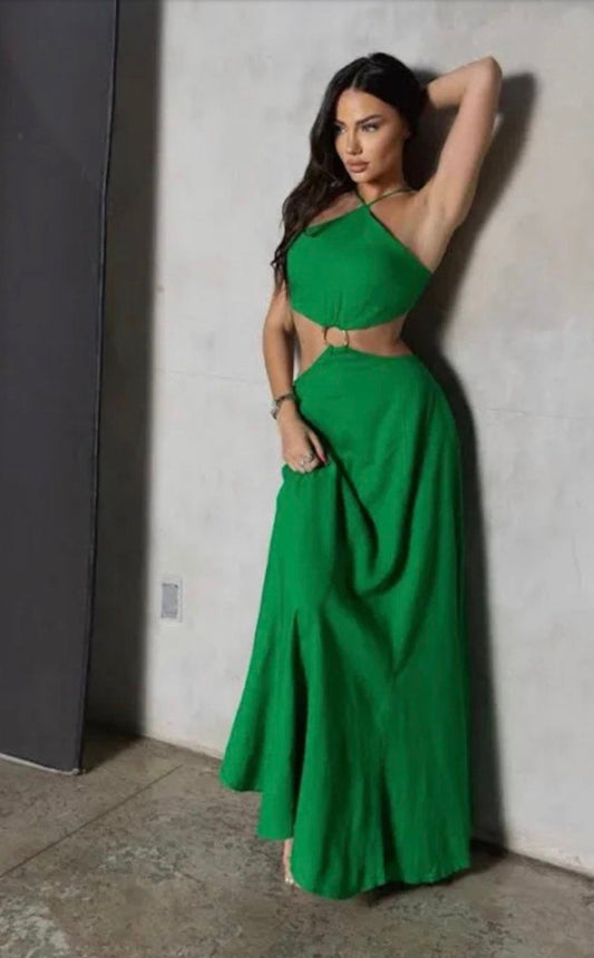Green cutout Linen Dress